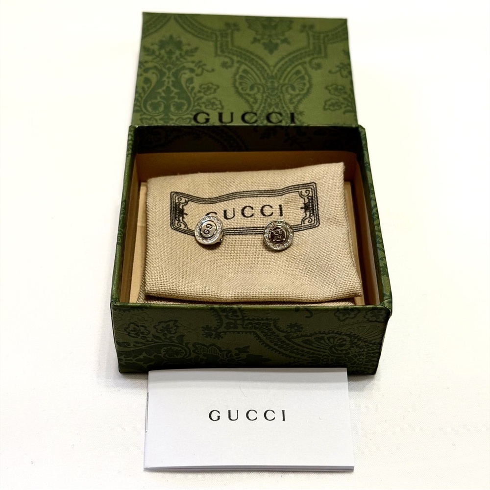 Gucci Interlocking G Crystal Earrings Sterling Silver Studs Authentic Gucci New - Picture 1 of 10